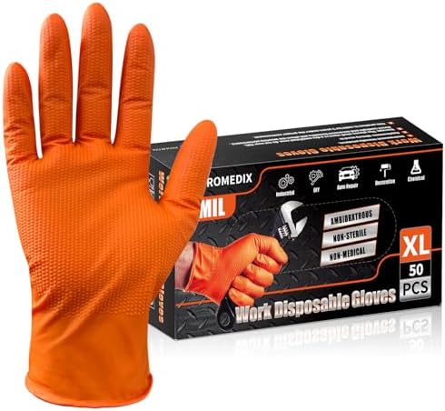 PROMEDIX P Heavy Duty Nitrile Disposable Gloves, 8-mil Orange, Raised Diamond by PROMEDIXP