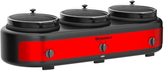 Elite Gourmet EWMST-325R Maxi-Matic Triple Slow Cooker Buffet Server Adjustable Temp Dishwasher-Safe Oval Ceramic Pots, Lid Rests, 3 x 2.5 Qt Capacity, Red