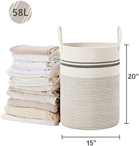 VIPOSCO 58L Tall Woven Laundry Basket Hamper, Stripe White - Image 5