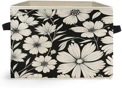 Black and White Floral Storage Box Bins, Vintage Botanical Daisy Flower by Unknown