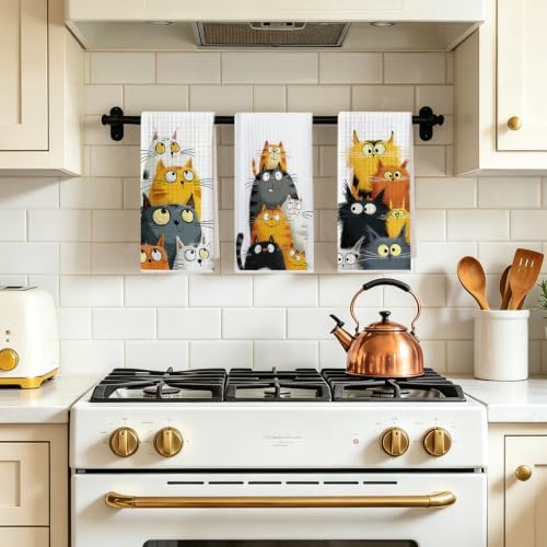 3 Pcs Cute Cat Kitchen Towels, Funny Cats Gifts Absorbent Hand Towels-05 - Image 5