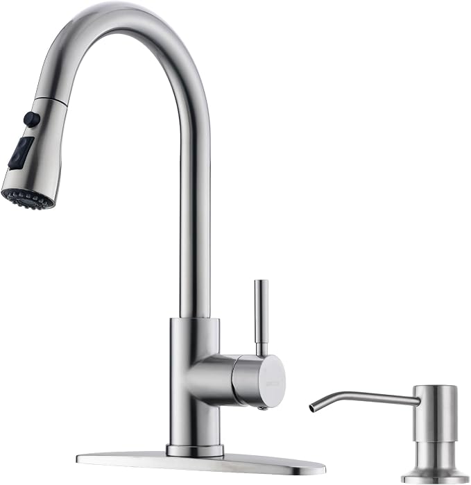 WEWE Kitchen Faucet with Soap Dispenser, Pull-Down Sprayer, Brushed Nickel | by WEWE