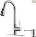 WEWE Kitchen Sink Faucet with Soap Dispenser, Lead-Free Kitchen Faucet with Pull Down Sprayer 3 Modes Stainless Steel Single Handle Single Hole Pull Out Brushed Nickel Faucet for Bar Laundry RV Sink