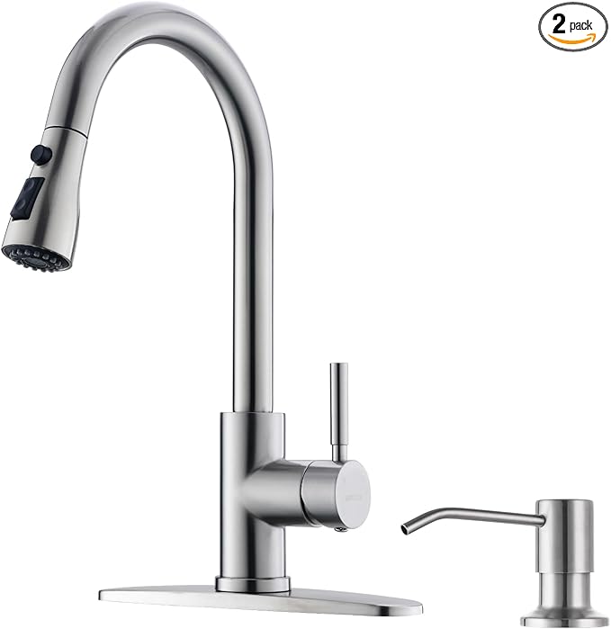 WEWE Kitchen Sink Faucet with Soap Dispenser, Lead-Free Kitchen Faucet with Pull Down Sprayer 3 Modes Stainless Steel Single Handle Single Hole Pull Out Brushed Nickel Faucet for Bar Laundry RV Sink