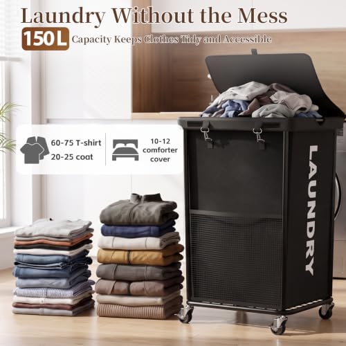 Laundry Hamper with Wheels and Lid, 150L Large Rolling Laundry Basket Black - Image 2