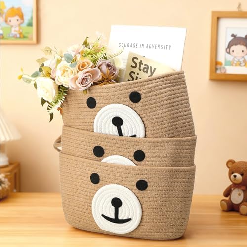 Cute Bear Hanging Baskets, 3-Tier Woven Cotton Wall Mounted Storage Organizer - Image 2