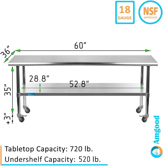 AmGood 60" Long x 36" Deep Stainless Steel Table with Casters