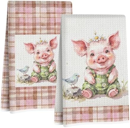 Jztco 2 Pcs Cute Pig Kitchen Towels, Plaid Pink Soft Absorbent Hand Towels by Jztco