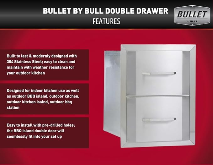 Bullet by Bull Stainless Steel Outdoor Kitchen Grill Set - Built-In Liquid Propane -BBQ Kitchen Island Bundle - Includes 5 Burner Grill, Side Burner, Single Access Door & Double Storage Drawer