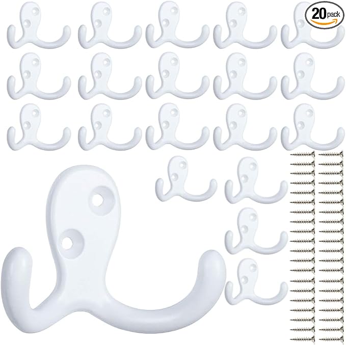 IBosins 20 Pack White Double Prong Coat Hooks Wall Mounted by IBosins