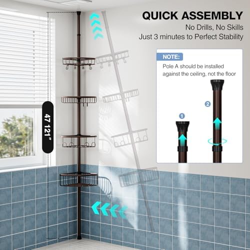 Corner Shower Caddy Tension Pole 4-Tier 47-121 Adjustable Stainless Steel - Image 6