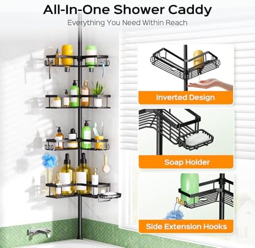 HAMITOR Shower Caddy Tension Pole: Corner Bathroom Organizer - Image 6