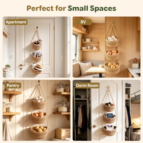 3 Tier Hanging Fruit Basket, Boho Cotton Rope Wall Mounted Produce Holder - Image 3