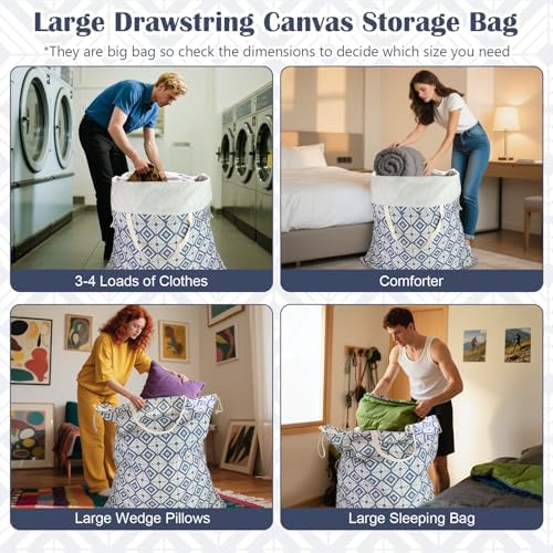 Canvas Laundry Bag with Handles & Drawstring, XL 33"Wx 35"H, Geometry Blue - Image 6