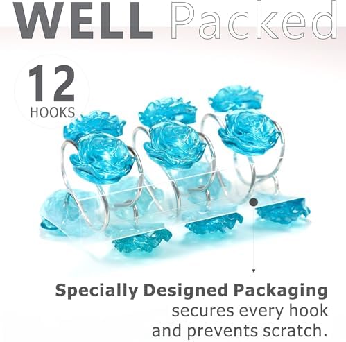 Teal Blue Rose Shower Curtain Hooks: Turquoise Aqua Flower Rings - Image 4