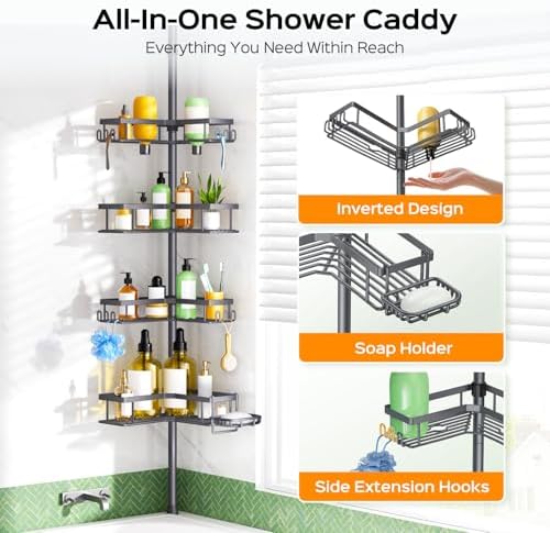 HAMITOR Corner Shower Caddy, 4-Tier Shampoo Shelf Tension Pole, 47-123 inch - Image 6