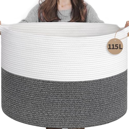 INDRESSME 115L Extra Large Woven Rope Blanket Basket Living Room by INDRESSME