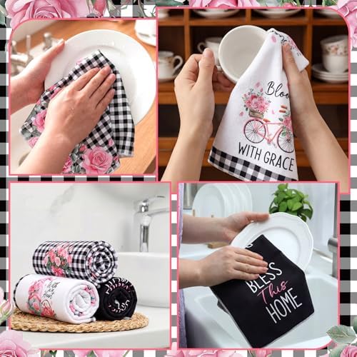 VitalCozy 6 Pcs Pink Rose Kitchen Towels Set Black and White - Image 5