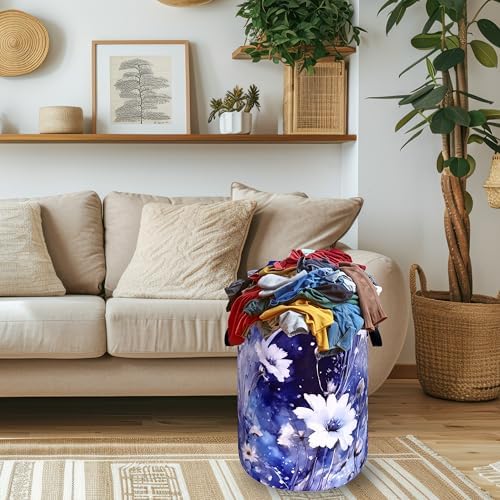 Blue Daisy Floral Laundry Basket Oxford Cloth Foldable Hamper 18.9x16.5 In - Image 2