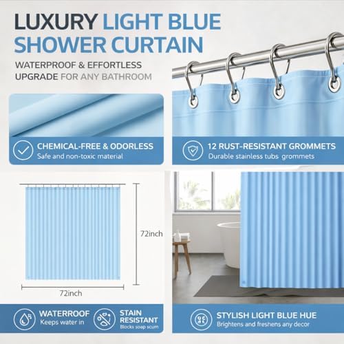 EHZNZIE Light Blue Shower Curtain Liner 72x72, PEVA Waterproof Bath Curtain - Image 3