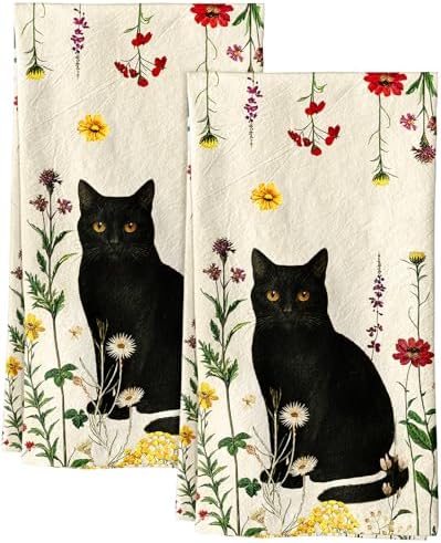 Miss Adola 150GSM Flour Sack Kitchen Towels Set of 2, Retro Cats Floral by MissAdola