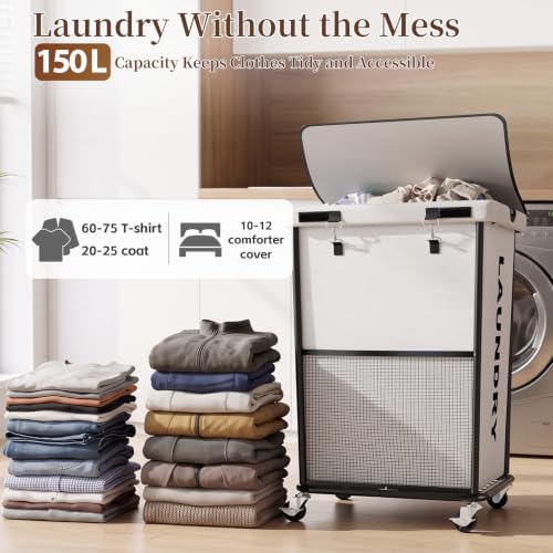 Laundry Hamper with Wheels and Lid, 150L Large Rolling Laundry Basket White - Image 2