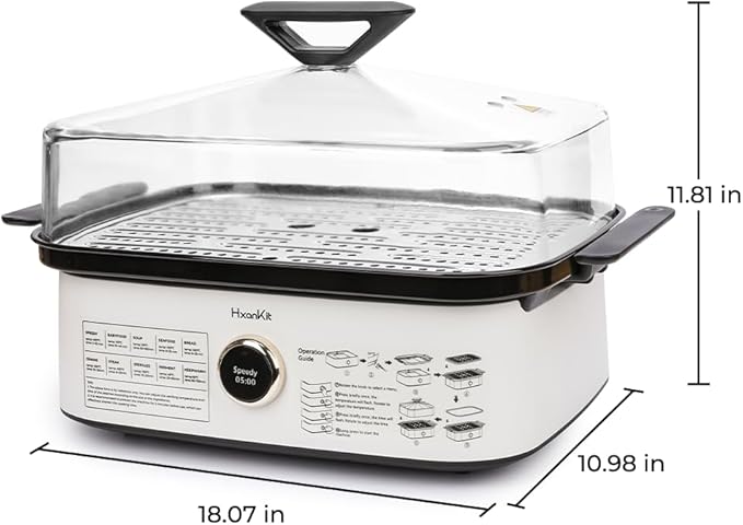 Electric Food Steamer with Boron Glass Lid, 450°C high-temperature steam, fast cooking for Vegetables, seafood, stew, disinfection, built-in program,One-Touch Control,8 Quart,1800W,White