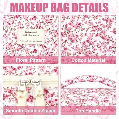 BuyCard Quilted Makeup Bag Set, CuteFloral Cotton Coquette Makeup Bag Toiletry - Image 3