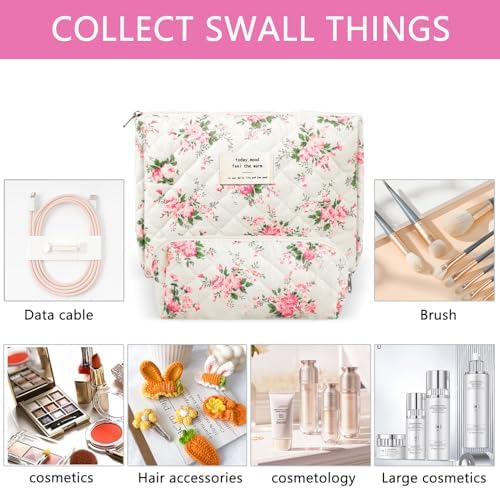 2Pcs Quilted Cotton Makeup Bag Large Travel Makeup Pouch Small Brush Holder Set - Image 2