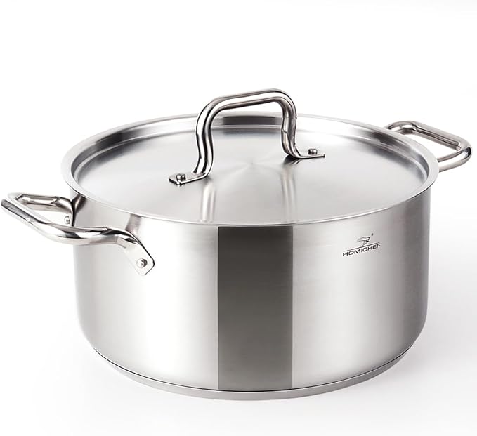 HOMICHEF Braiser Pan 8 Quart with Lid Nickel Free Stainless Steel - Matte Polished Braiser with Stainless Steel Lid - Heavy Weight Braising Pan Non Toxic Induction