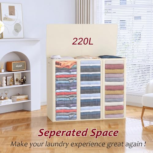 220L Laundry Hamper 3 Section, Large Laundry Hamper - Image 4