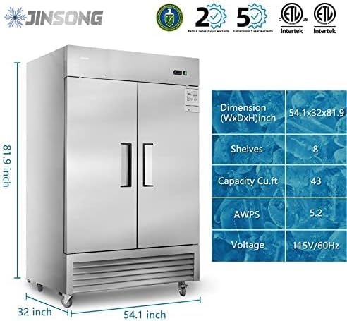 JINSONG 54" Commercial Freezer, 49 cu.ft with 2 Solid Door Stainless Steel Reach-in Freezer for Restaurant, Bar, Shop, Residential
