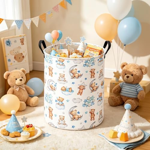Round Bear Pattern Laundry Hamper, Cotton Canvas Storage Bin - Image 6