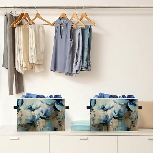 Abstract Blue Floral Storage Box Bins, Modern Impressionism Flower Botanical - Image 4