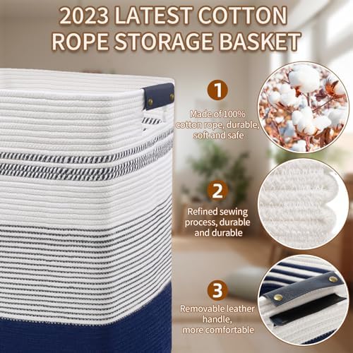 DOFASAYI Laundry Hamper, 85L Cotton Rope Laundry Basket, Dark Blue & White - Image 7