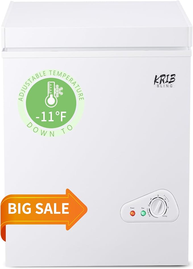 3.5 Cu.Ft Compact Chest Freezer with Removable Basket, Krib Bling Top Door Open Freestanding Deep Freezer with 7 Gears Temperature Adjustment, Ideal for Home, Kitchen & Office, White