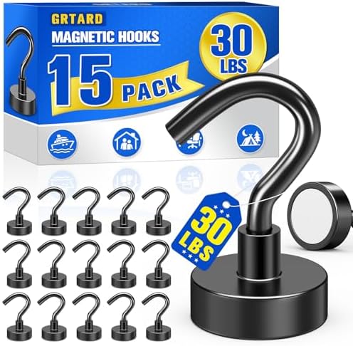 Grtard 15 Pack Black Magnetic Hooks Heavy Duty, 30LBS Strong Magnet Hooks by Grtard