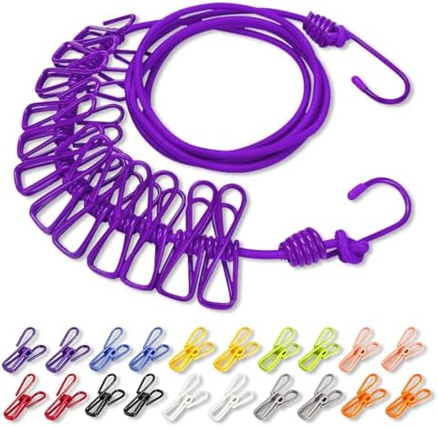 Portable Clothesline with 12 Clothespins, Plus 20 Colorful Clips, Adjustable by Unknown