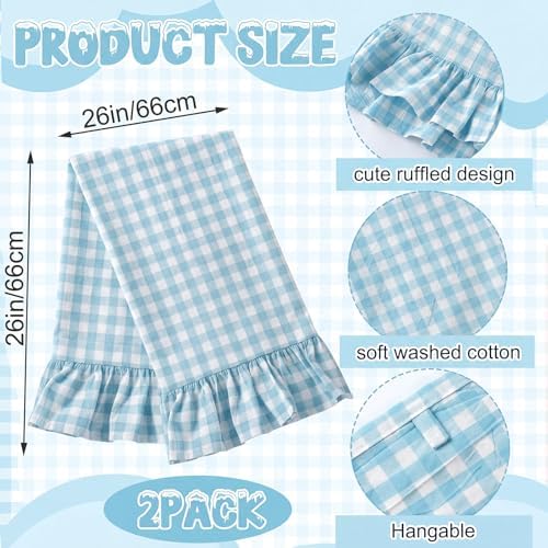 HunnmingRe 2 Pcs Light Blue Gingham Kitchen Towels Cotton Ruffled - Image 2