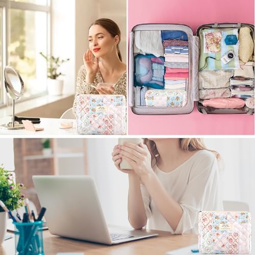 2Pcs Quilted Cotton Makeup Bag Large Travel Makeup Pouch Small Brush Holder Set - Image 3