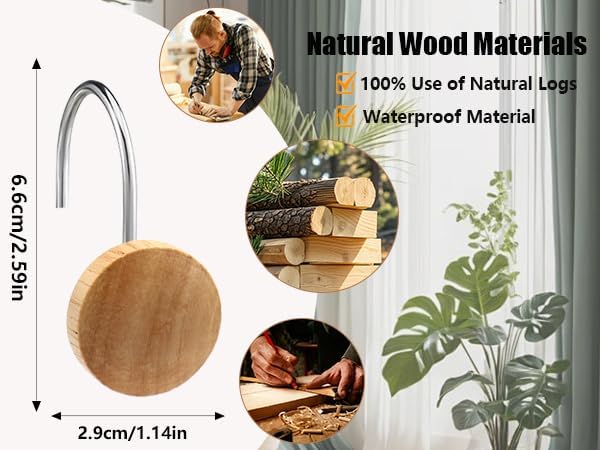 Shower Curtain Hooks, Wood Decorative Shower Curtain Rings, Modern Round Log - Image 2