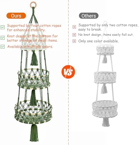 3 Tier Hanging Fruit Baskets for Kitchen, Macrame Plant Hanger Cotton Rope - Image 7