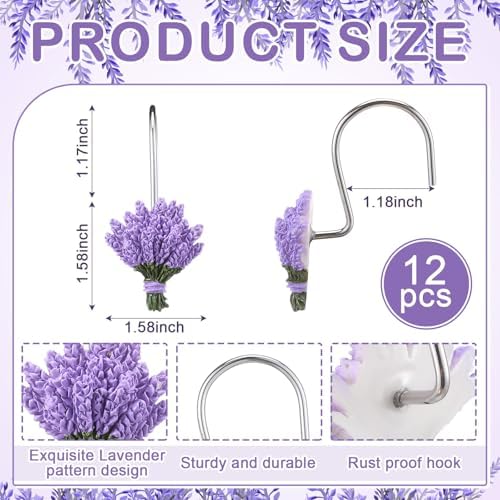 Amyhill 12 Pcs Lavender Shower Curtain Hooks Purple Floral Decorative Hooks - Image 2