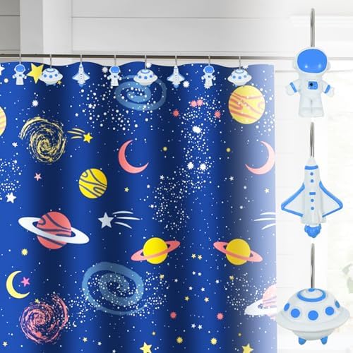 12-Piece Outer Space Galaxy Rocket Planet Shower Curtain Hooks - Image 3