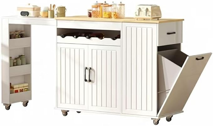 Modern Rolling Kitchen Islands with Extendable Dining Table, Hidden Trash Can Storage, Mobile Island Cart on Wheels with Storage for 2,Rubberwood Top,Storage Cabinet, Drawers & Wine rack,White