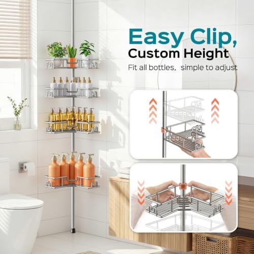 HAMITOR Corner Shower Shelves, 4-Tier Metal Tension Pole Caddy - Image 6