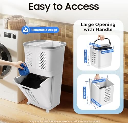 2 Tier Rolling Laundry Hamper Sorter, Portable Plastic Laundry Hamper Basket - Image 2