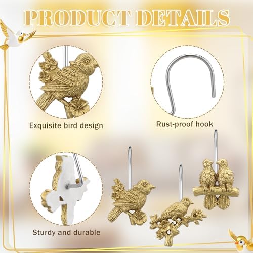 Amyhill 12 Pcs Bird Shower Curtain Hooks Antique Gold Birds Animal Decorative - Image 3