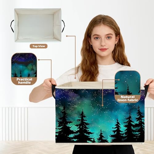 Starry Night Forest Storage Box Bins, Galaxy Star Sky Pine Tree Woods - Image 2