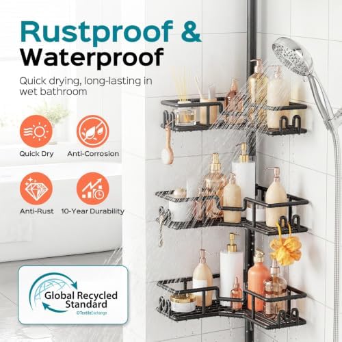HAMITOR Shower Caddy Tension Pole: 4-Tier Adjustable Corner Organizer Black - Image 2
